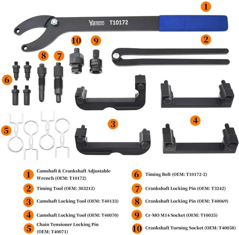 Yuesstloo مجموعة أدوات قفل توقيت عمود الكامات للمحرك، متوافقة مع VW Audi 2.0 2.4 2.5 2.8 3.0T 3.2 4.2 5.0 5.2، توارغ Q7 بورش 3.0T، A4 A6 A6L A8 Q5 Q7 R8، استبدال OEM T40133 T40070 T40058 T10172 - Image 2